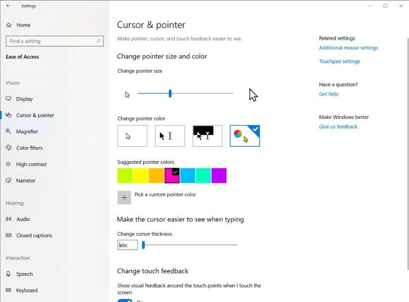 Cursor and pointer new settings for Windows 10 version 1903