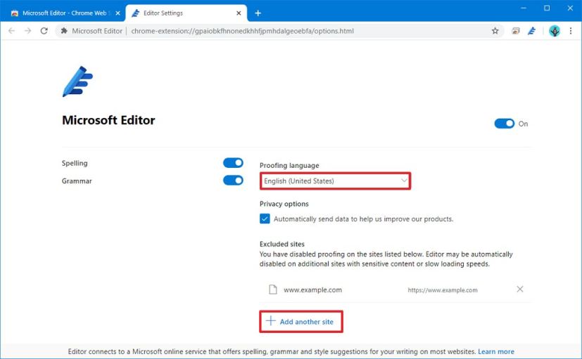Customize Microsoft Editor extension settings