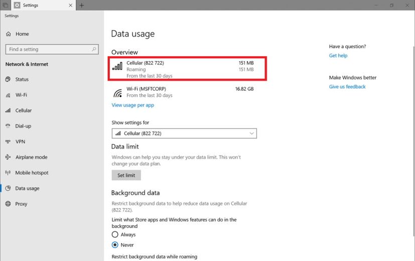 Data Usage roaming data stats support on build 17643