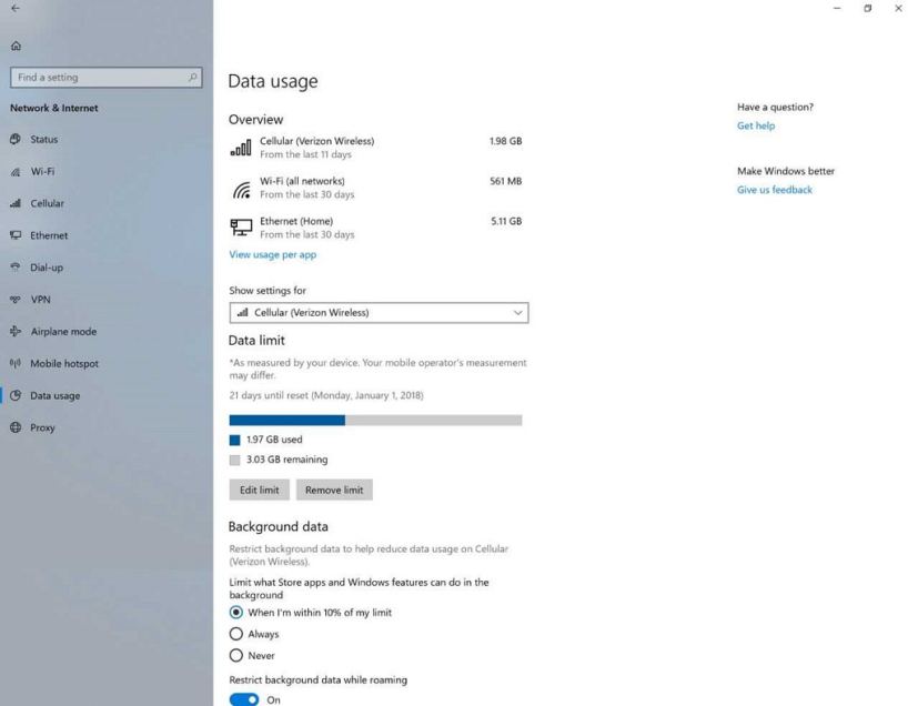 Data Usage settings in Windows 10 build 17063