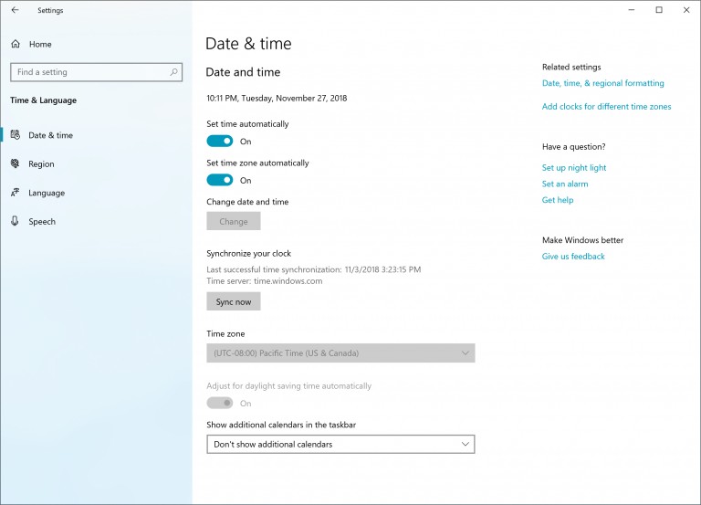 Date & Time settings on Windows 10 version 1903