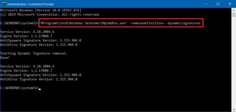 Microsoft Defender clean definition cache command 