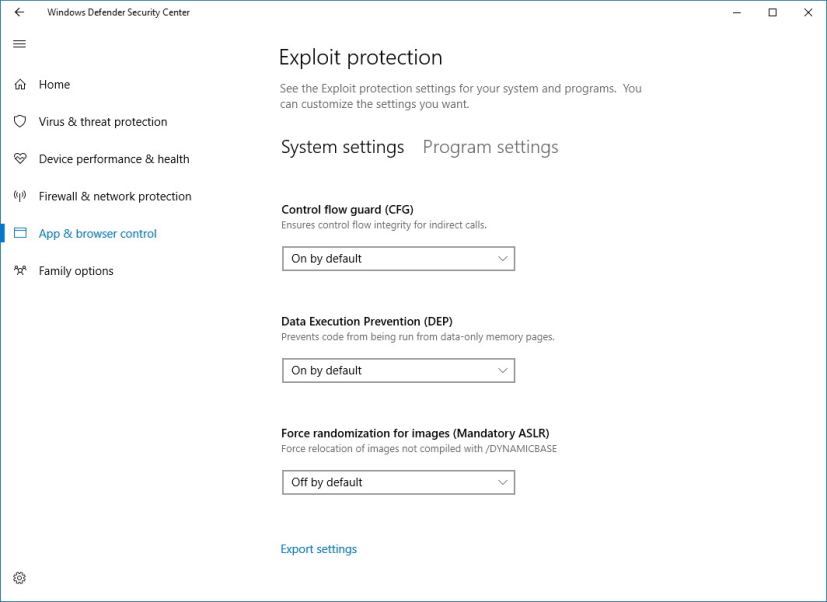 Windows Defender Exploit protection settings