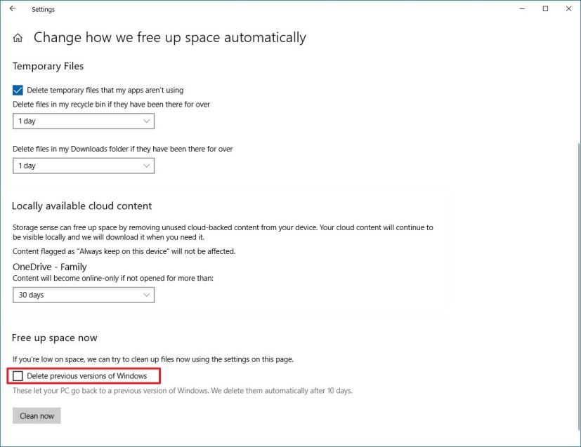 Storage Sense delete previous version of Windows 10 option