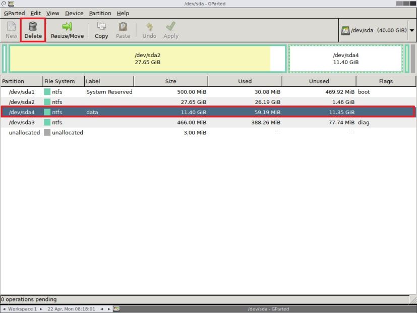 Delete partition on Windows 10 using GParted