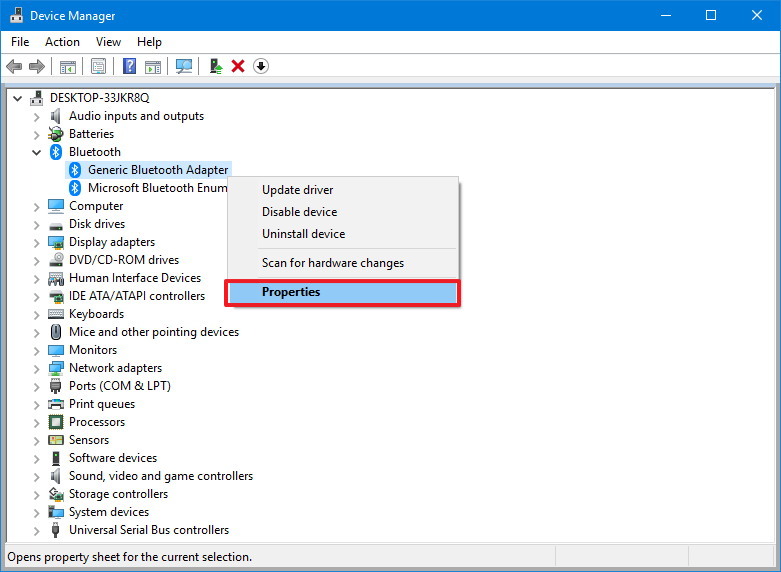 Device Manager Bluetooth settings