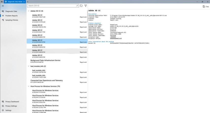 Diagnostic Data Viewer with problem reports