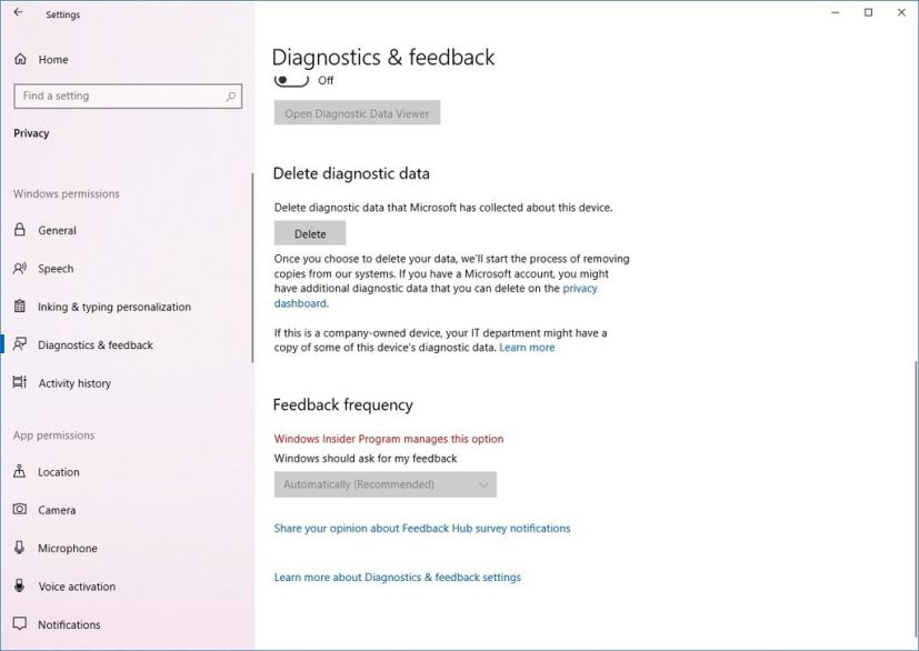 Diagnostic & feedback page without Recommended Troubleshooting settings