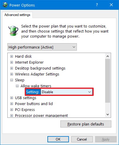 Disable all wake timers on Windows 10