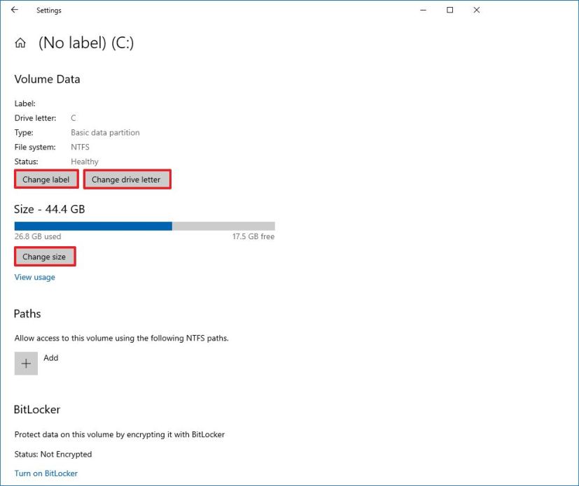 Settings app Disk Management settings