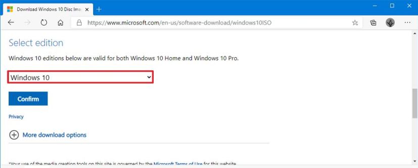 Windows 10 20H2 direct download using Edge