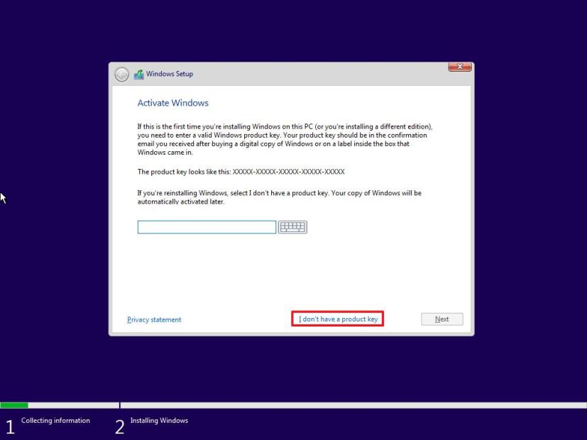 Windows 10 setup, product key settings