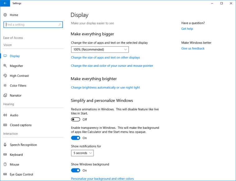 Easy of Access settings on Windows 10 build 17035