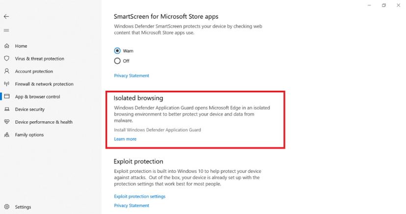 Windows Application Guard settings on Windows Defender