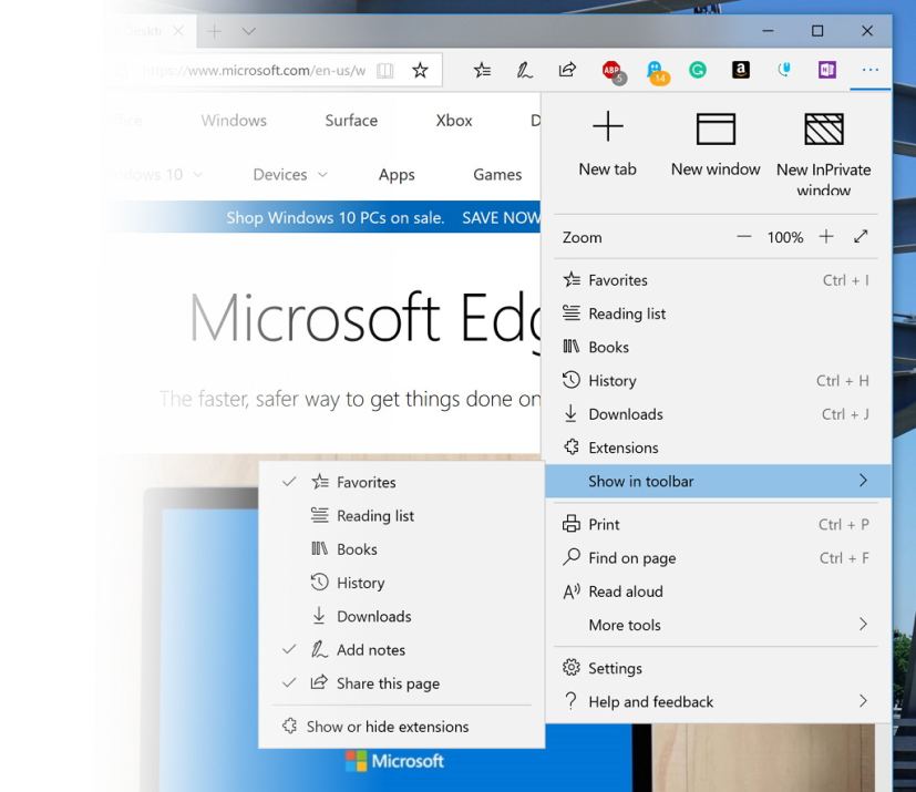 Microsoft Edge with new settings menu