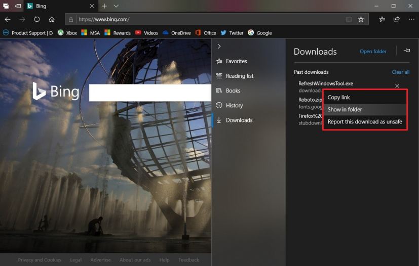 Microsoft Edge Downloads context menu