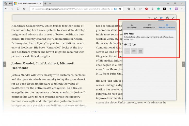 Microsoft Edge line focus settings