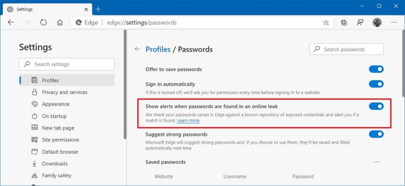 Microsoft Edge enable password monitor