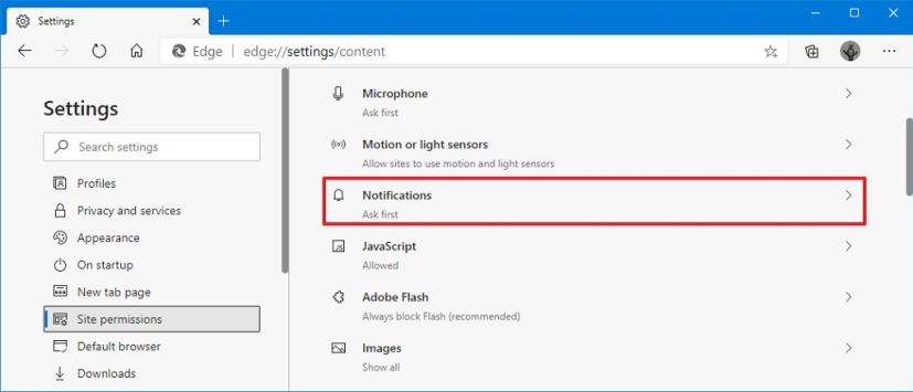 Microsoft Edge Site permissions settings