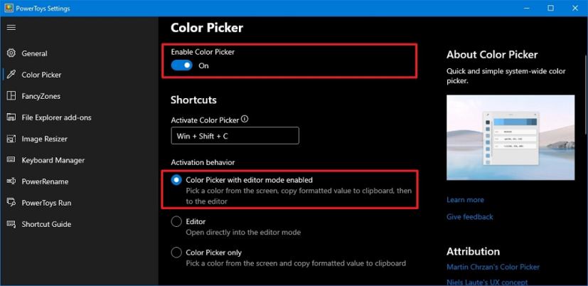 PowerToys Color Picker settings