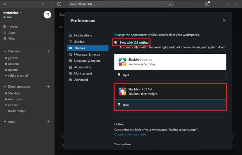 Slack dark mode on Windows 10