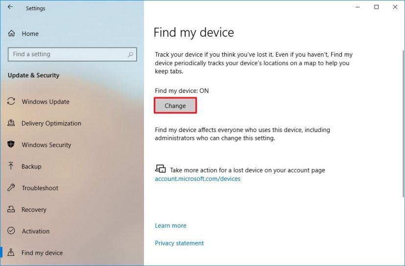 Find my device settings on Windows 10
