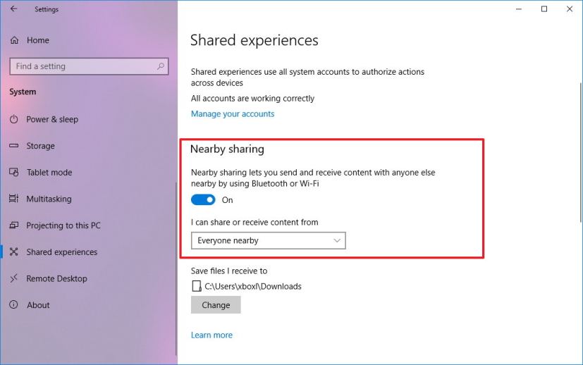 Enable Nearby sharing on Windows 10