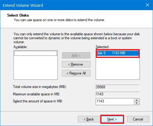 Extend volume wizard on Windows 10