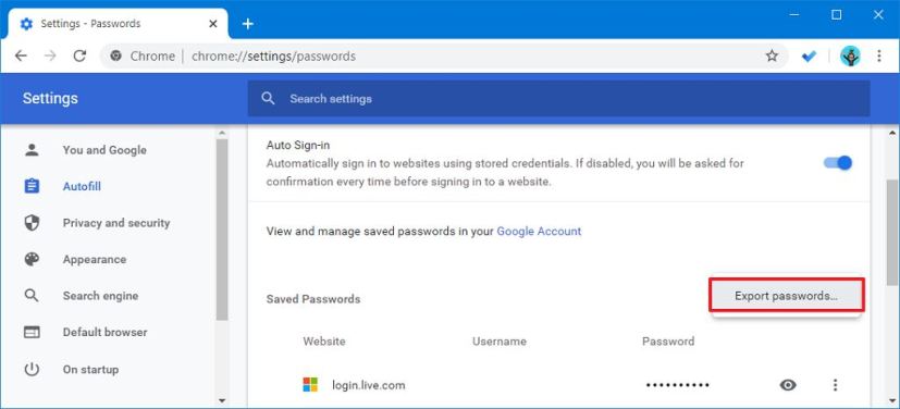 Chrome export passwords option