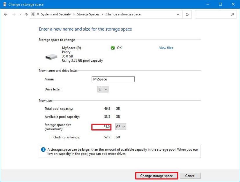 Extend storage space in Control Panel