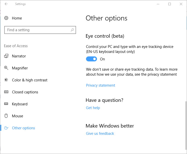 Eye Control on Windows 10