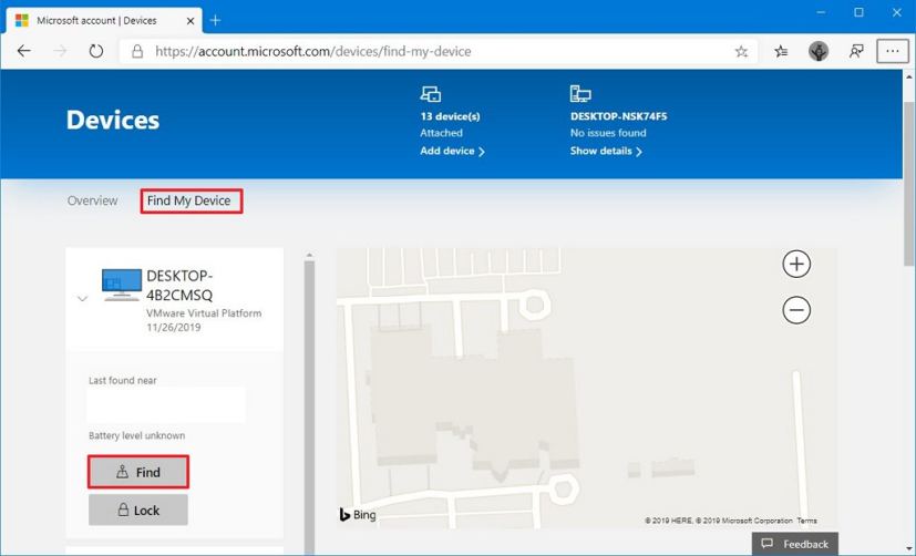 Find my device settings on Microsoft account
