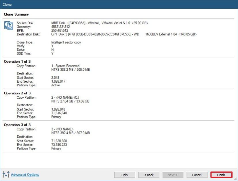 Macrium Reflect clone settings summary