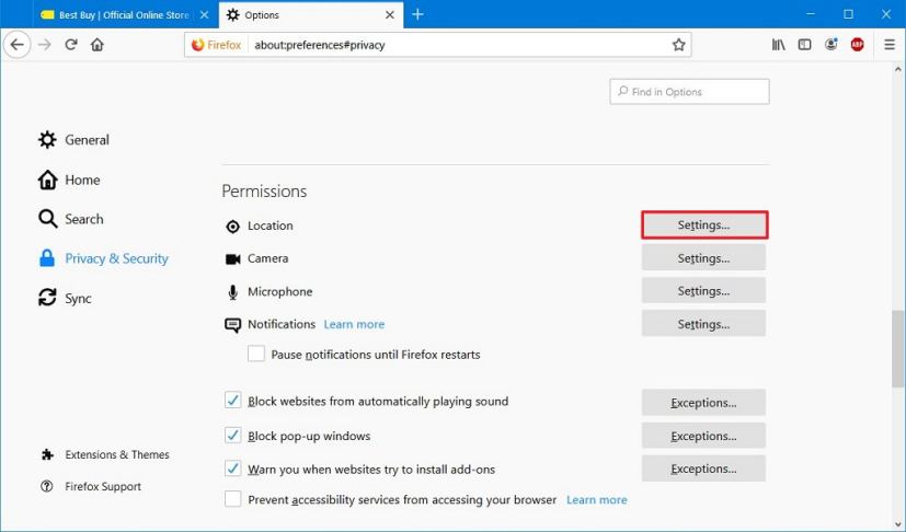 Location settings on Firefox