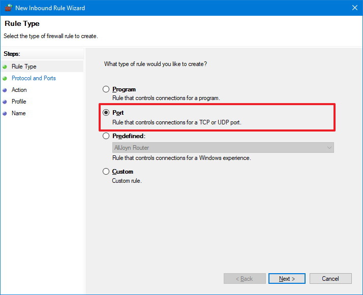 Firewall open inbound port option