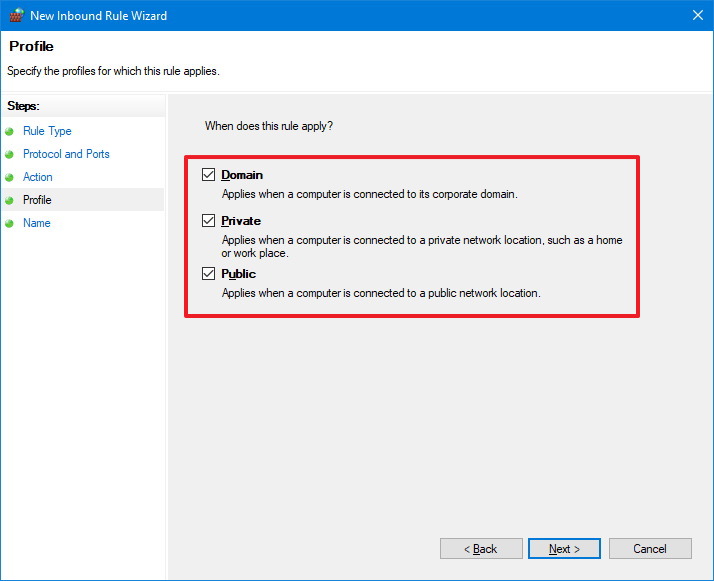 Firewall network profile settings