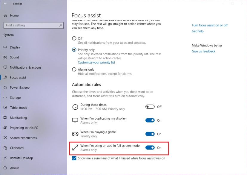 Focus assist on Windows 10 April 2019 Update