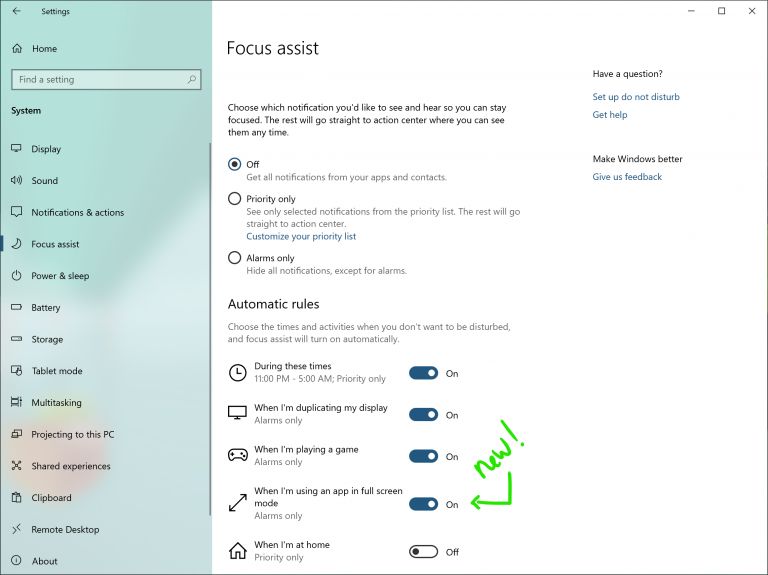 Focus assist on Windows 10 19H1