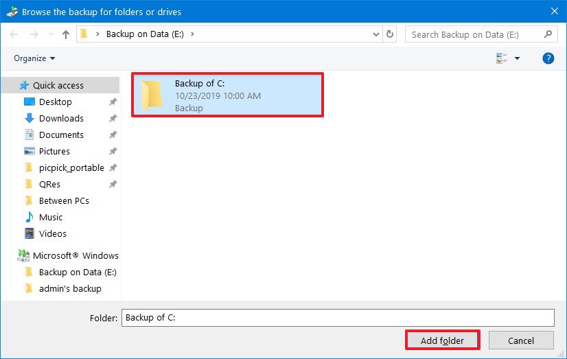 Select Windows 7 folder to restore