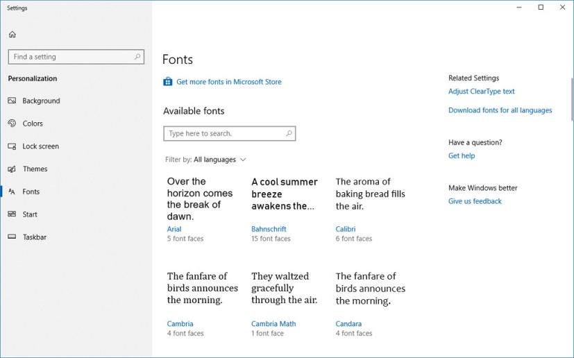 Fonts settings on Windows 10 build 17083