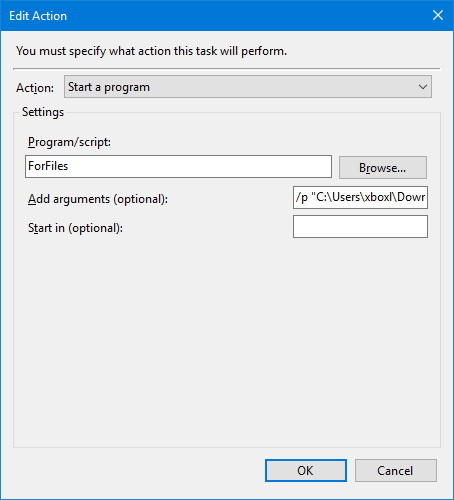 Task Scheduler Action settings