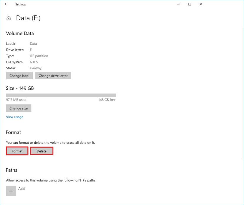 Disk Management in Settings format drive option