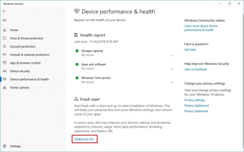 Windows Security, Fresh Start option