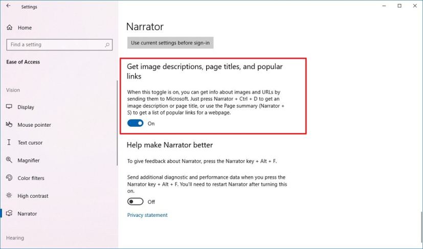 Narrator images and links information settings