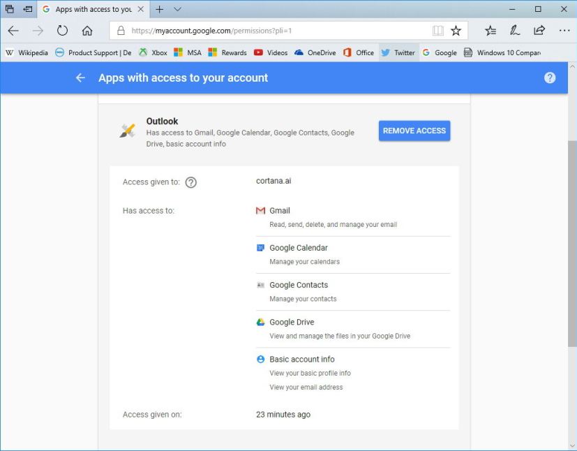 Google permissions page