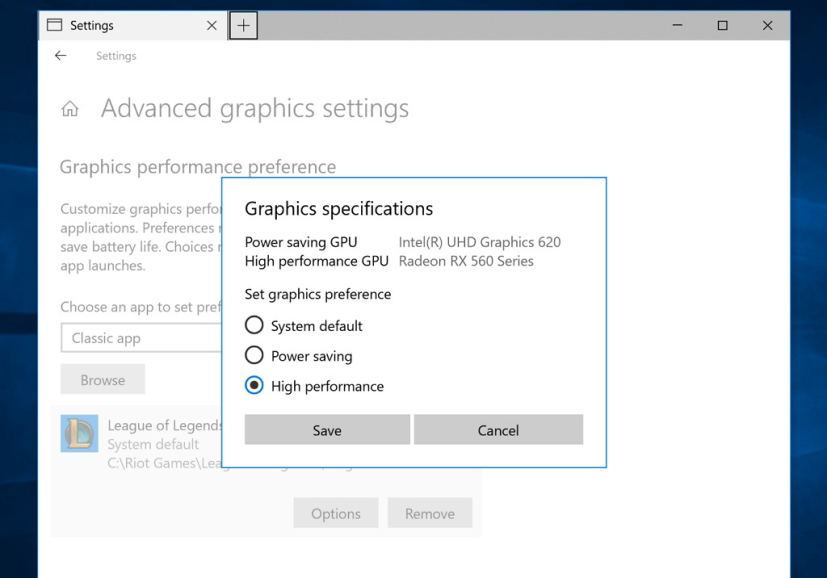 Graphics settings on Windows 10