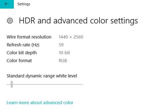 HDR settings on Windows 10 build 17040