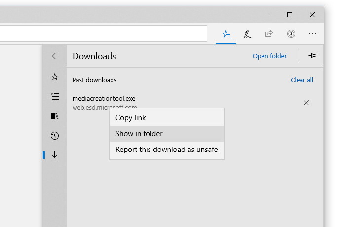 Microsoft Edge new context menu for downloaded content