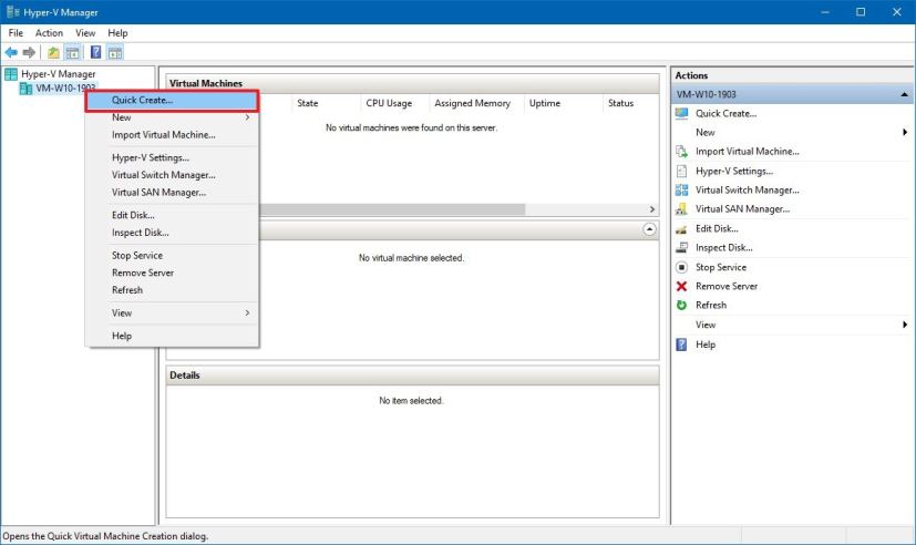 Hyper-V Manager quick create option