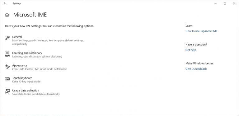 Japanese IME settings on Windows 10